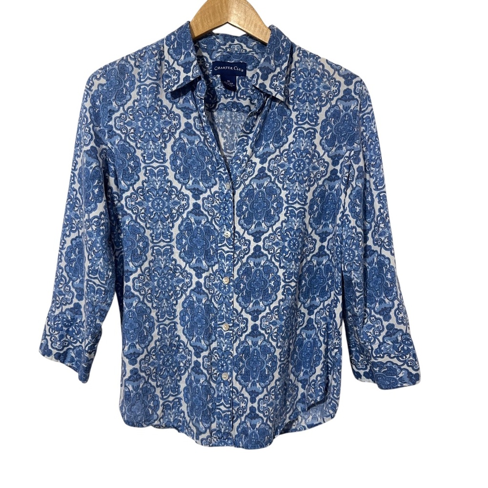 Charter Club Linen Paisley Button Down Shirt Womens Size 10